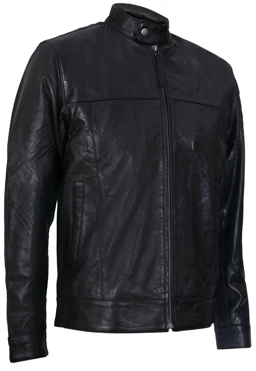Mens Leather Mandarin Collar Black Biker Jacket
