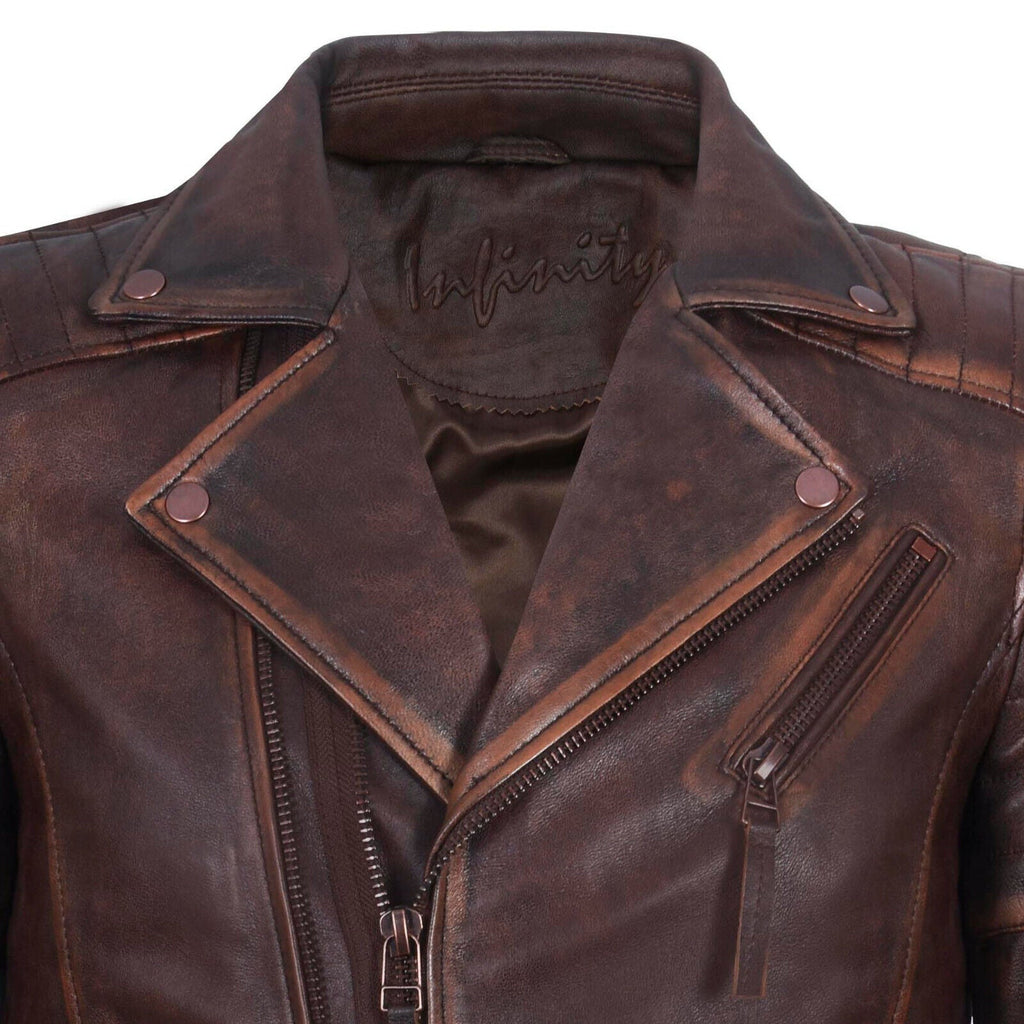 Mens Slim Fit Brando Style Cross Zip Leather Biker Jacket