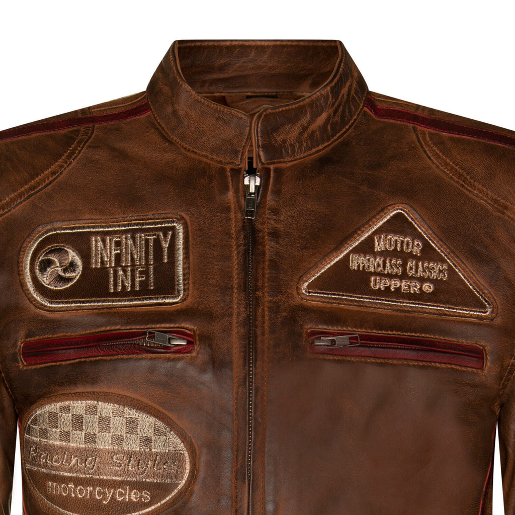 Mens Racing Moto Badges Biker Leather Jacket