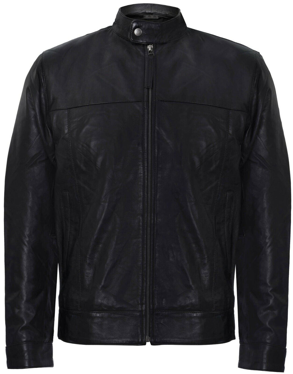 Mens Leather Mandarin Collar Black Biker Jacket