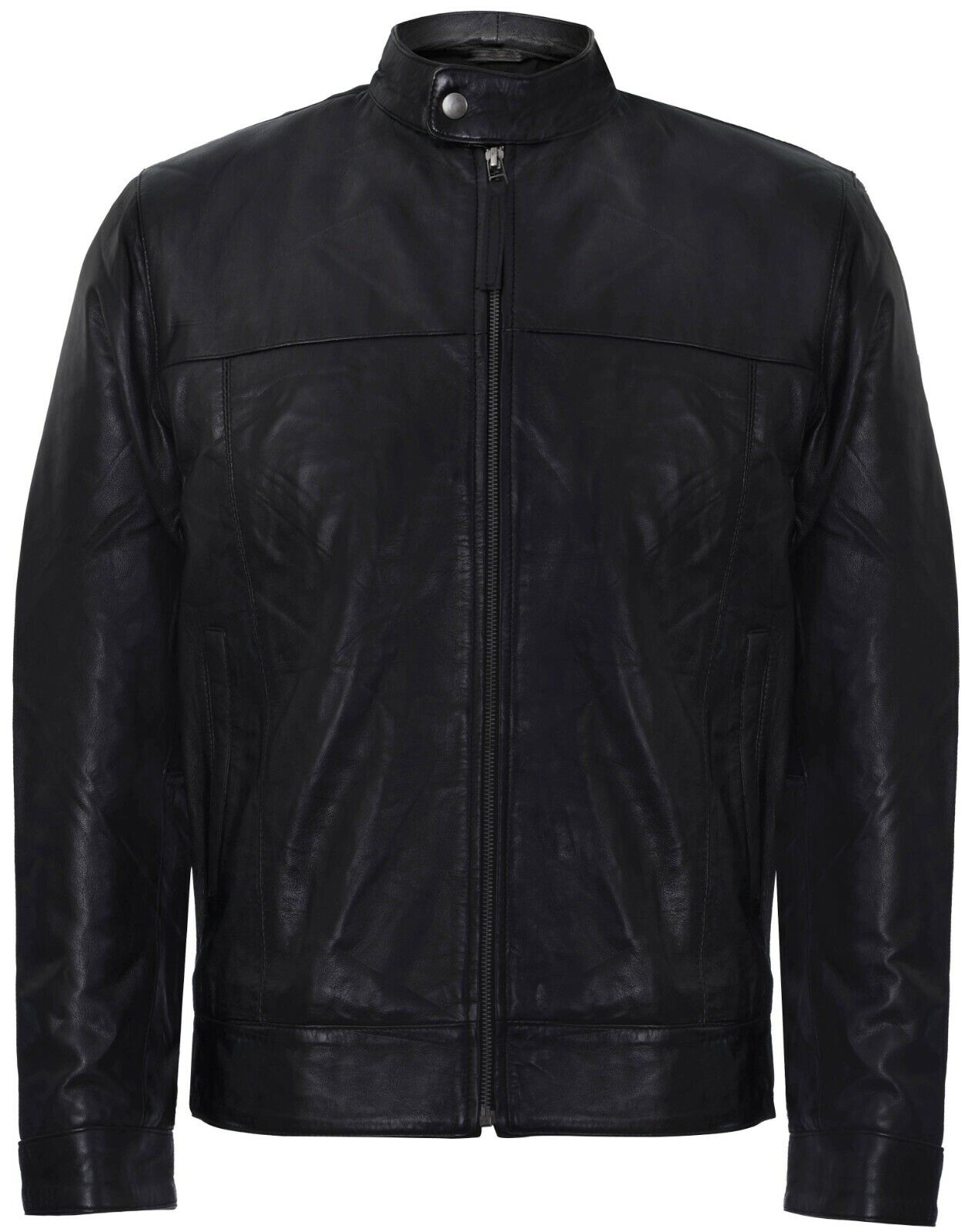 Mens Leather Mandarin Collar Black Biker Jacket