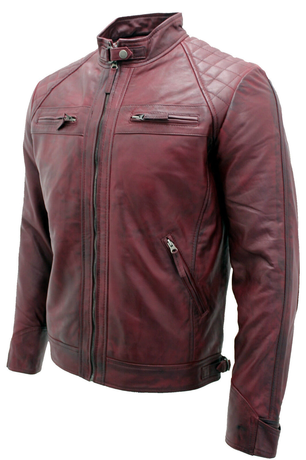 Men's Vintage Zipped Leather Racing Quilted Biker Jacket