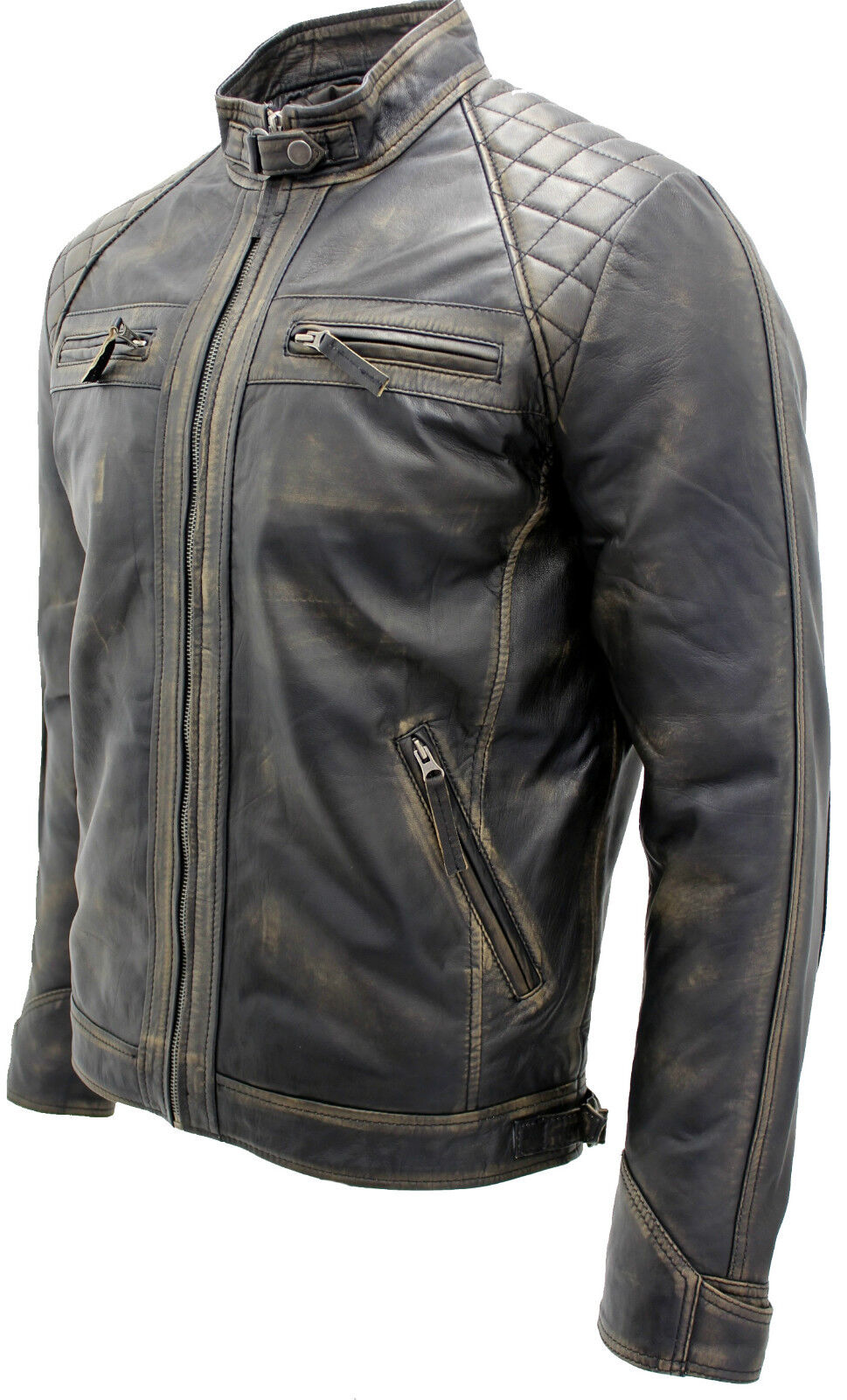 Men's Vintage Zipped Leather Racing Quilted Biker Jacket