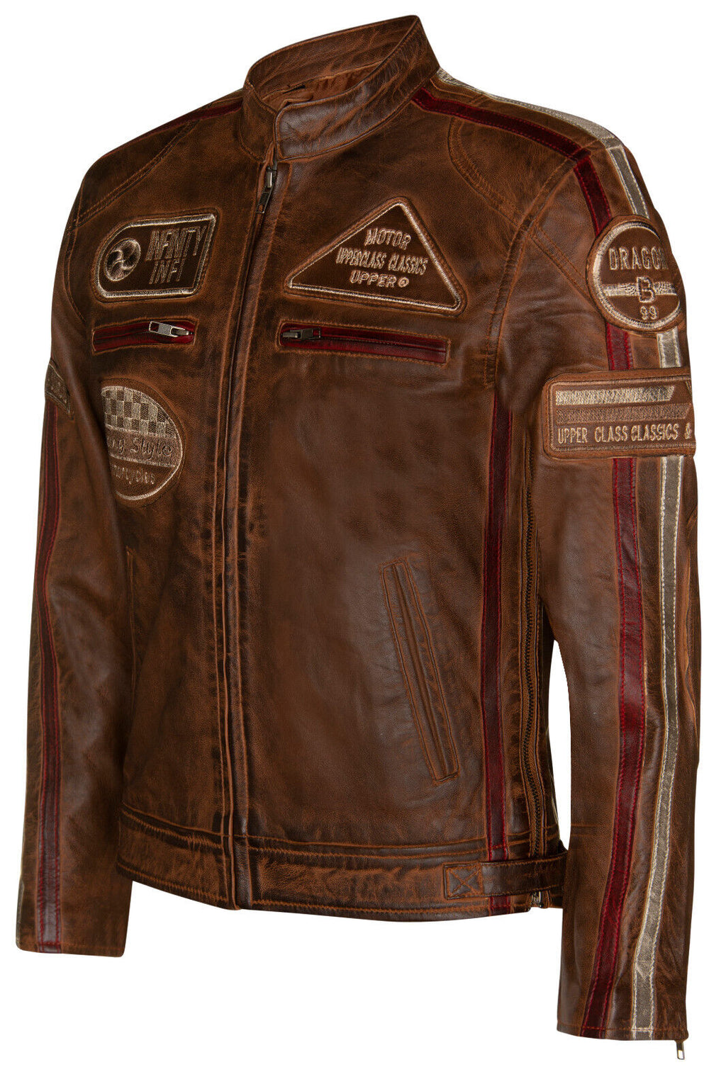 Mens Racing Moto Badges Biker Leather Jacket