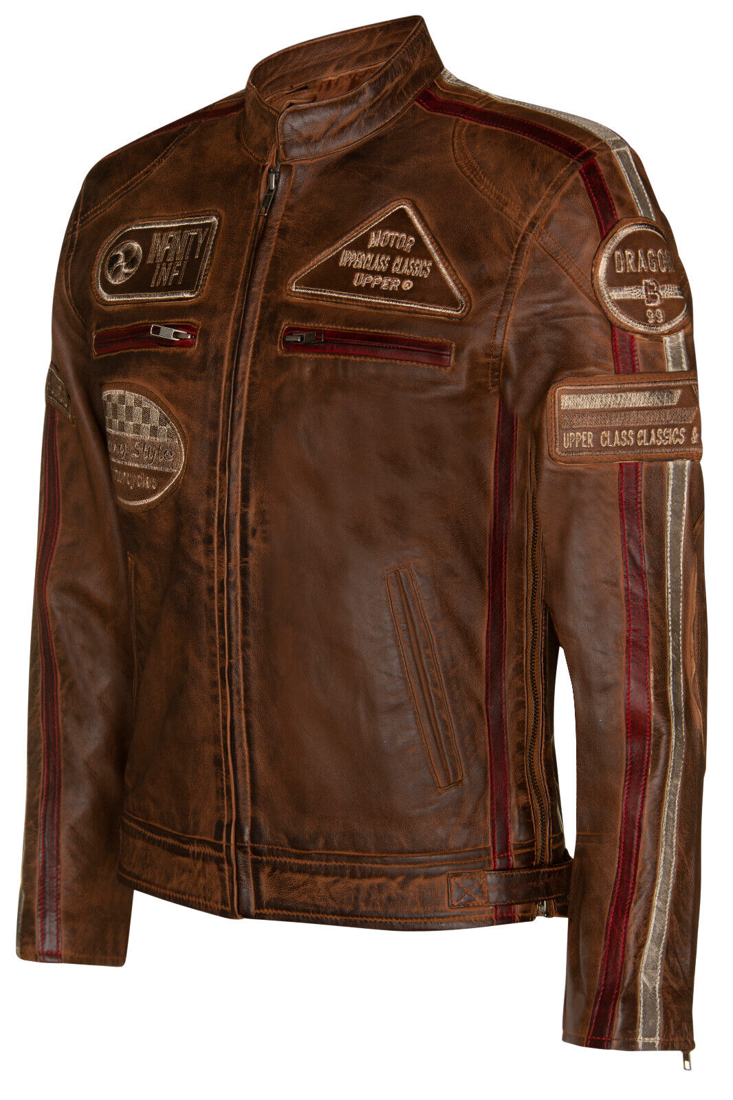 Mens Racing Moto Badges Biker Leather Jacket