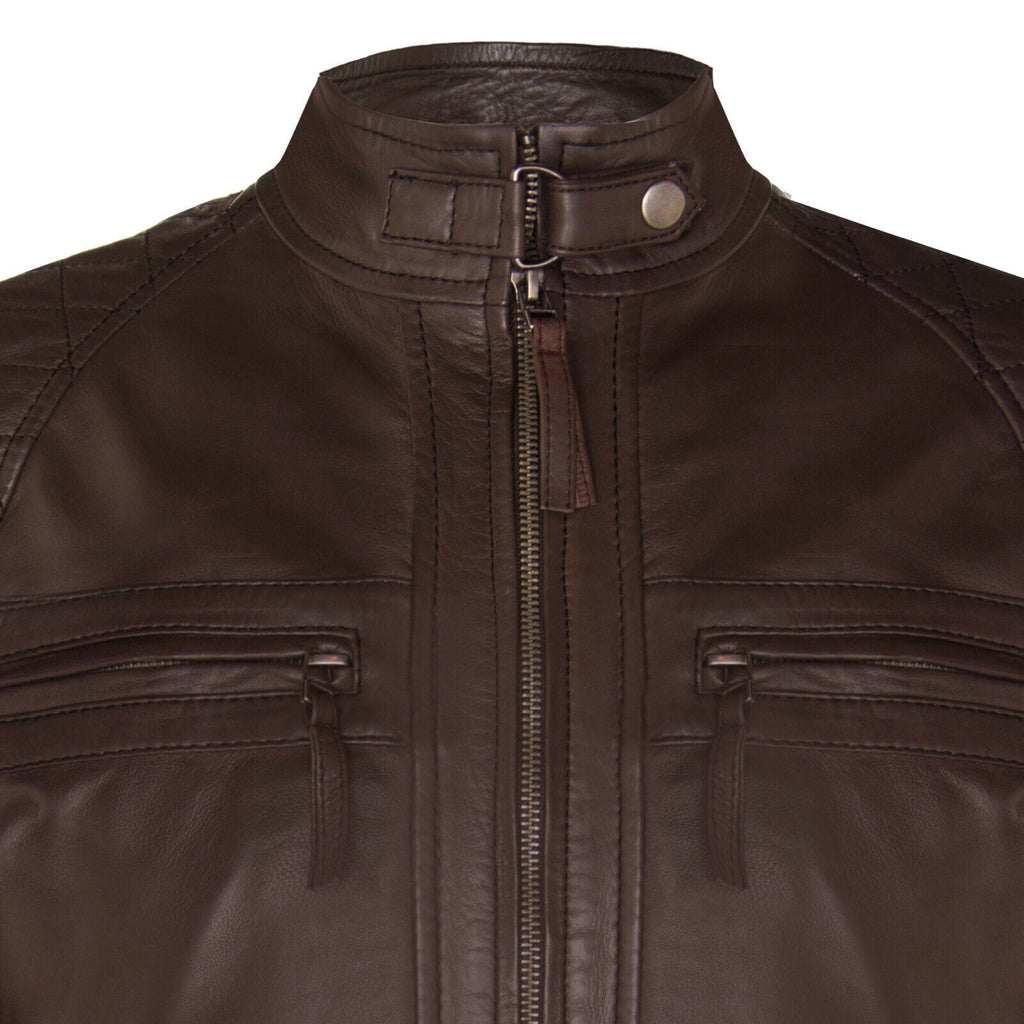 Men's Vintage Zipped Leather Racing Quilted Biker Jacket