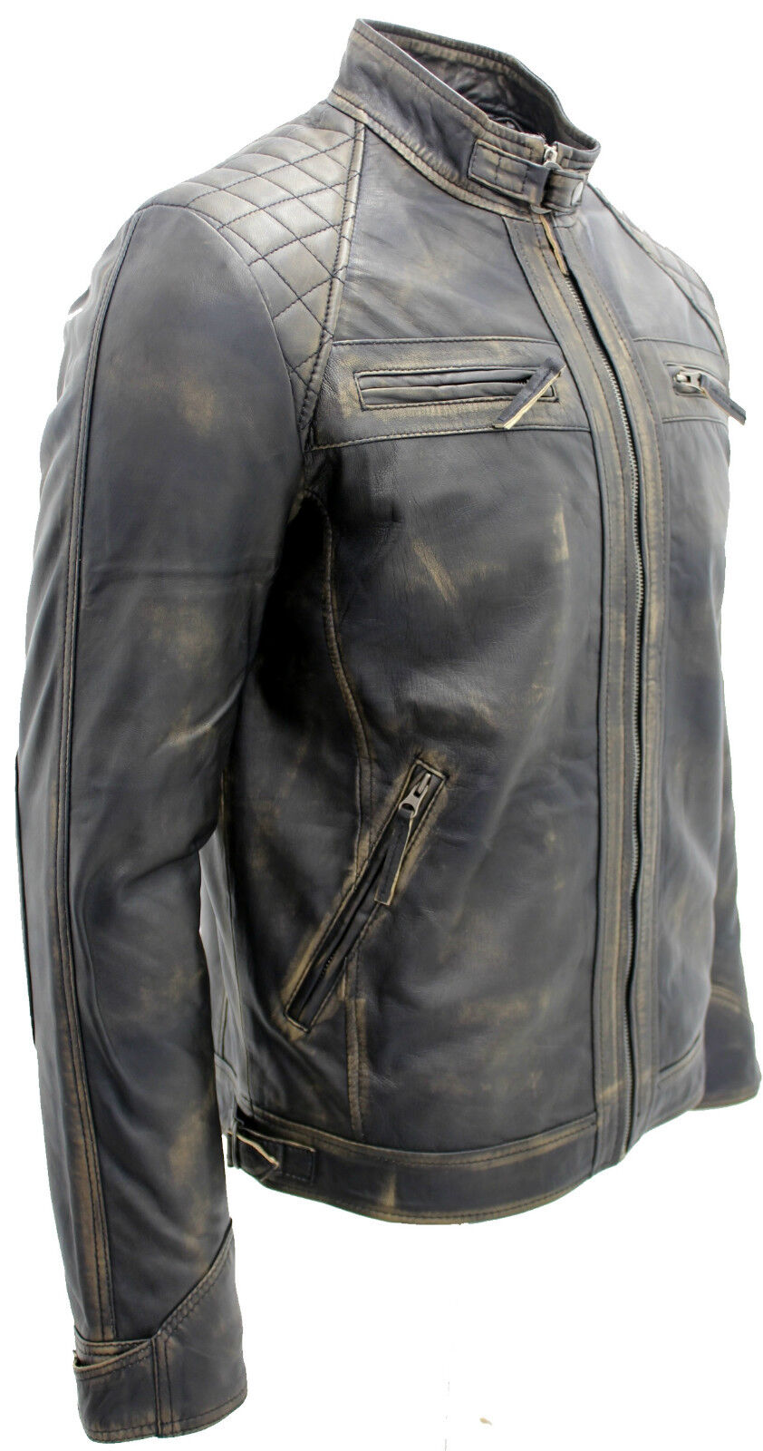 Men's Vintage Zipped Leather Racing Quilted Biker Jacket