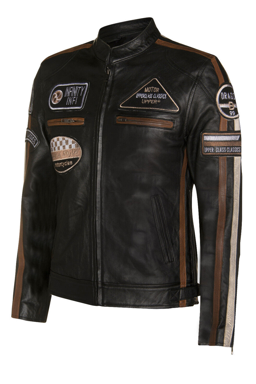 Mens Racing Moto Badges Biker Leather Jacket