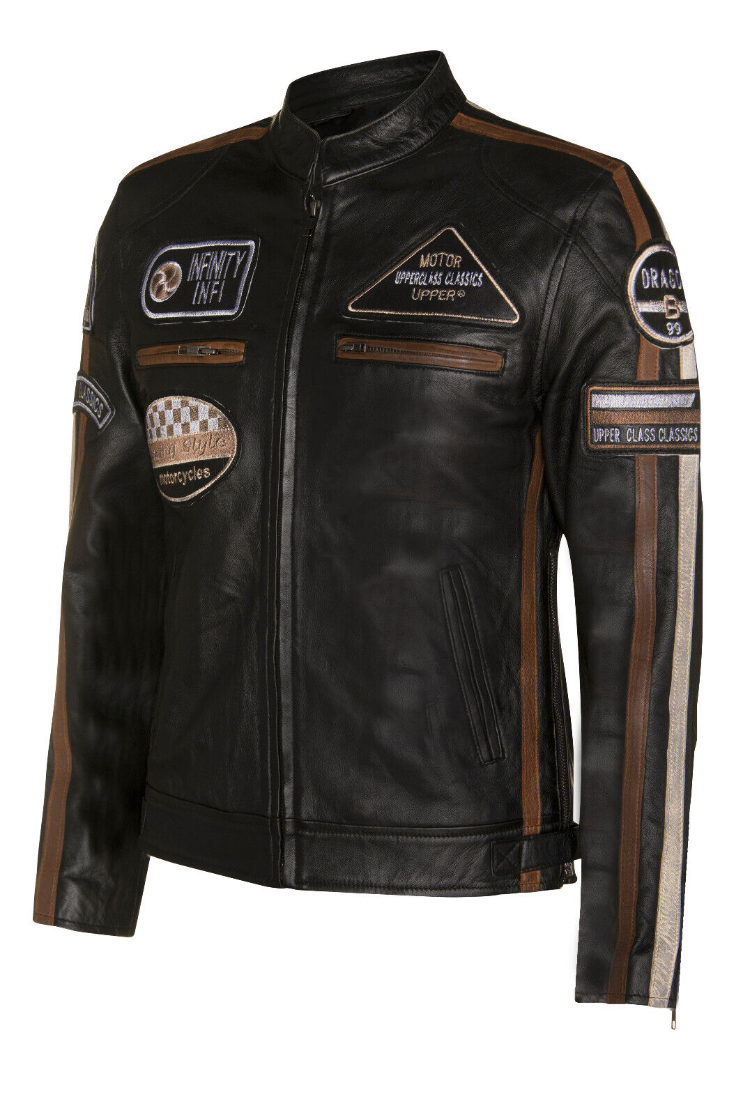 Mens Racing Moto Badges Biker Leather Jacket
