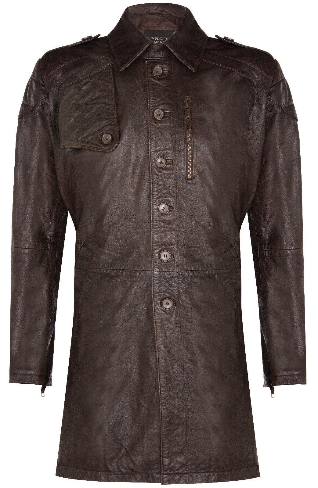 Mens Soft Long Military Trench Distressed Leather Coat