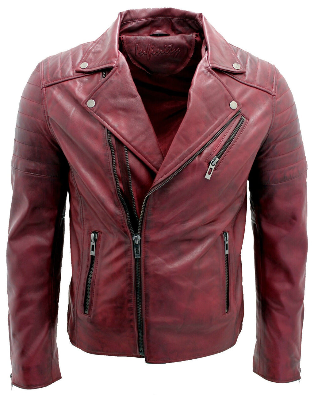 Mens Slim Fit Brando Style Cross Zip Leather Biker Jacket