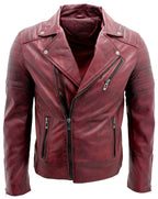 Mens Slim Fit Brando Style Cross Zip Leather Biker Jacket