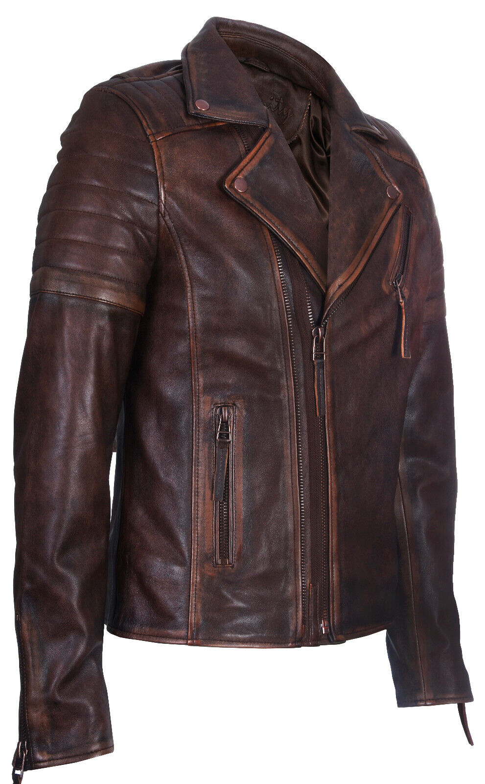 Mens Slim Fit Brando Style Cross Zip Leather Biker Jacket
