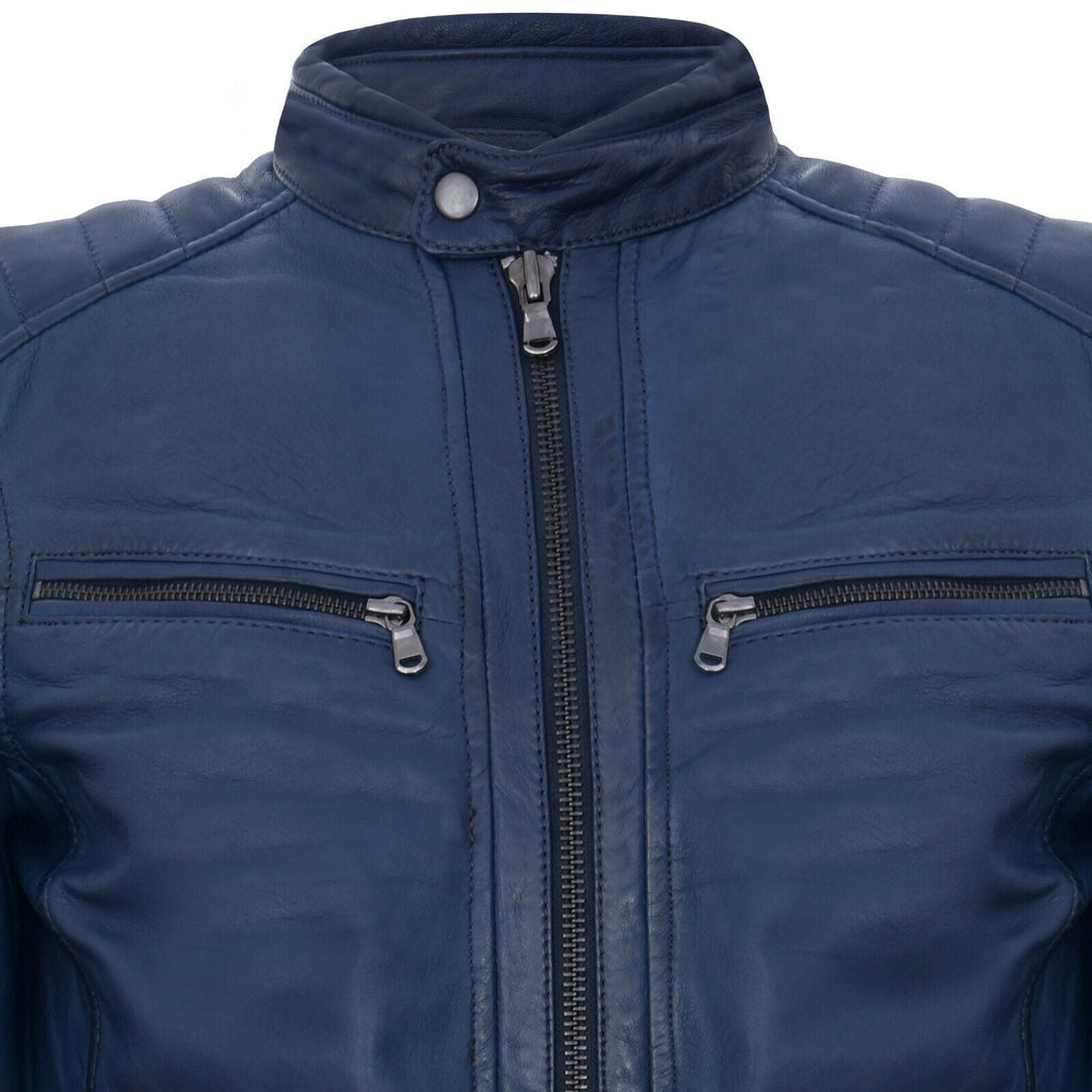 Mens Leather Vintage Quilted Racing Zipped Biker Jacket