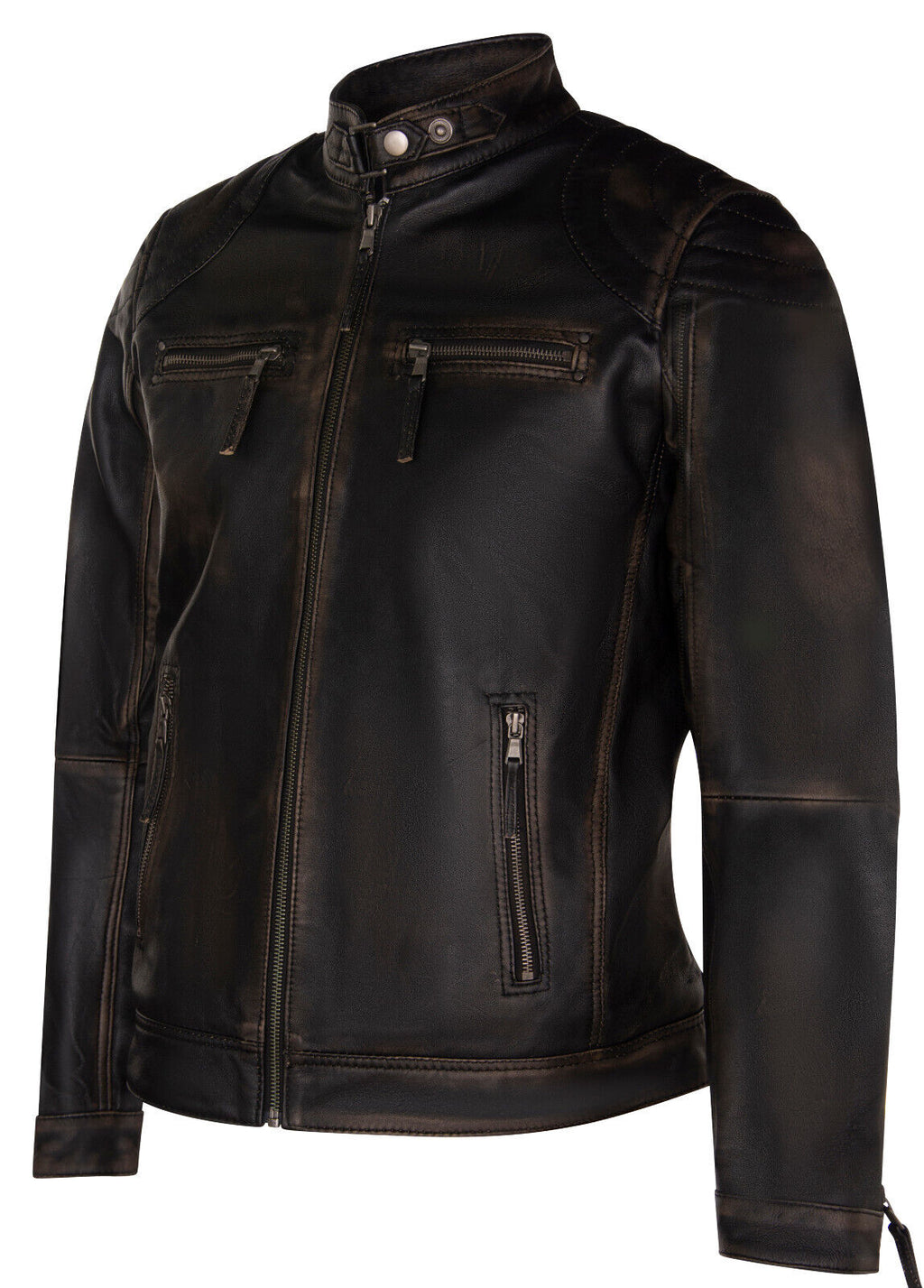 Mens Leather Biker Vintage Zipped Racing Jacket