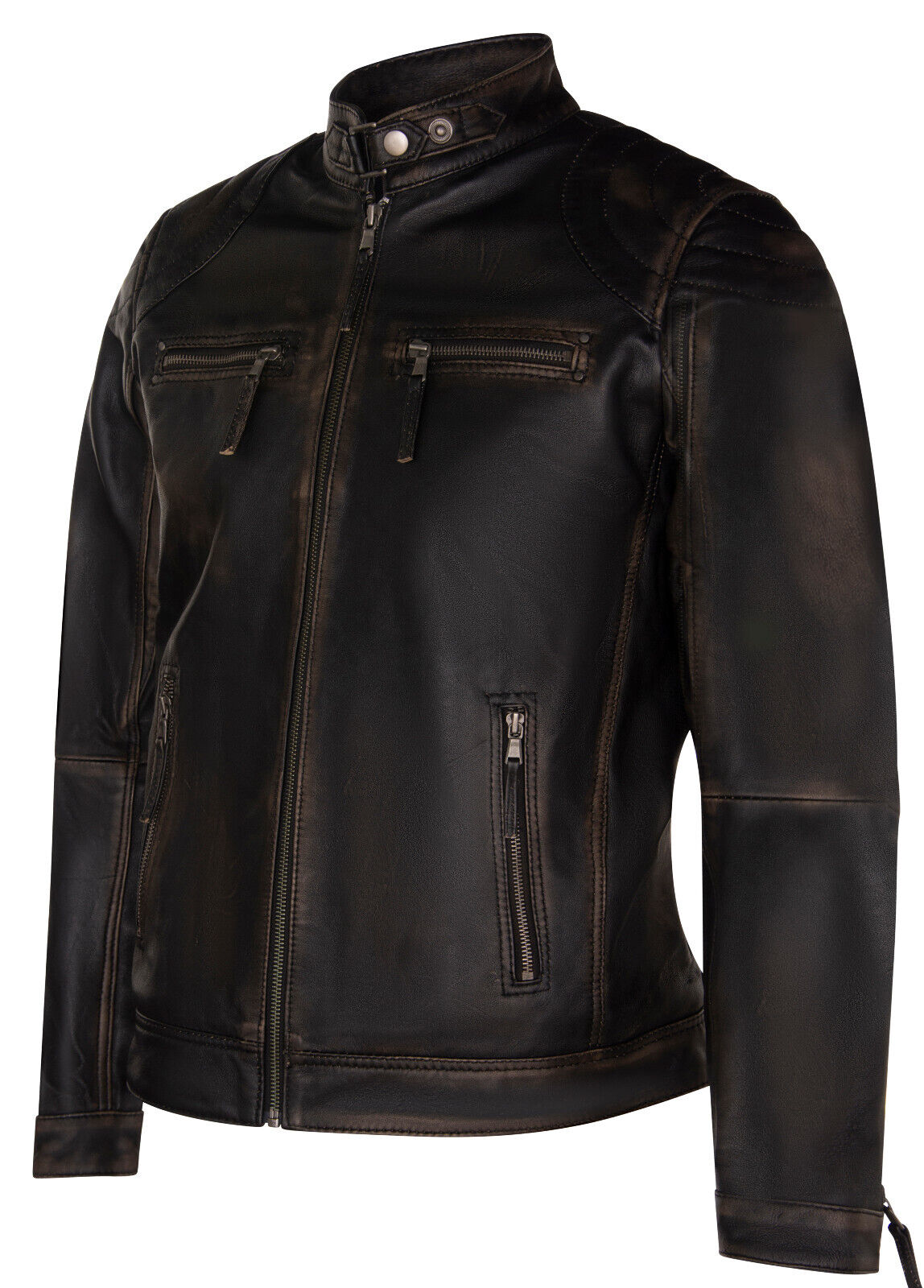 Mens Leather Biker Vintage Zipped Racing Jacket