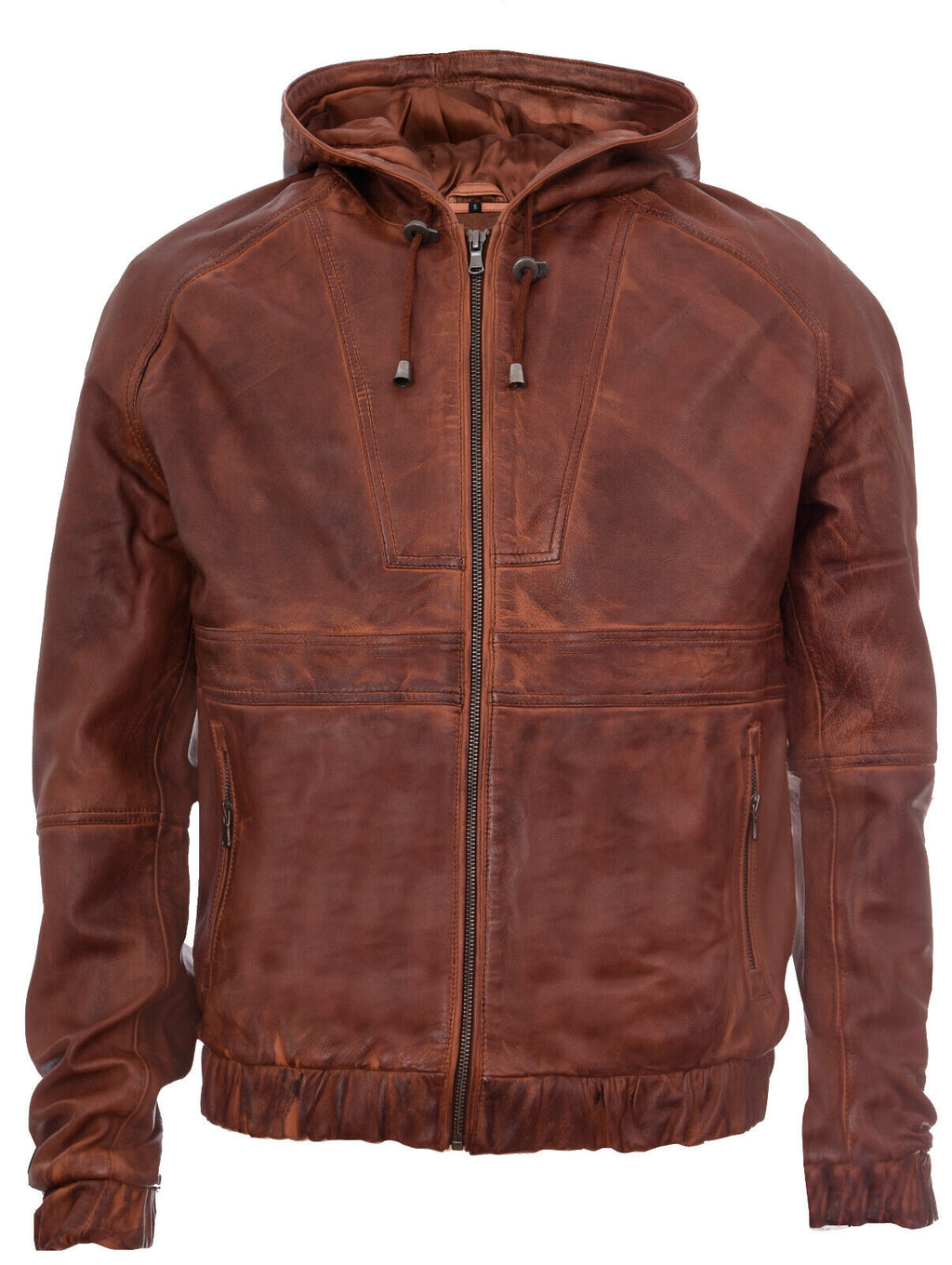 Mens Vintage Zipped Leather Hooded Bomber Biker Jacket