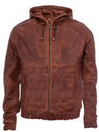 Mens Vintage Zipped Leather Hooded Bomber Biker Jacket