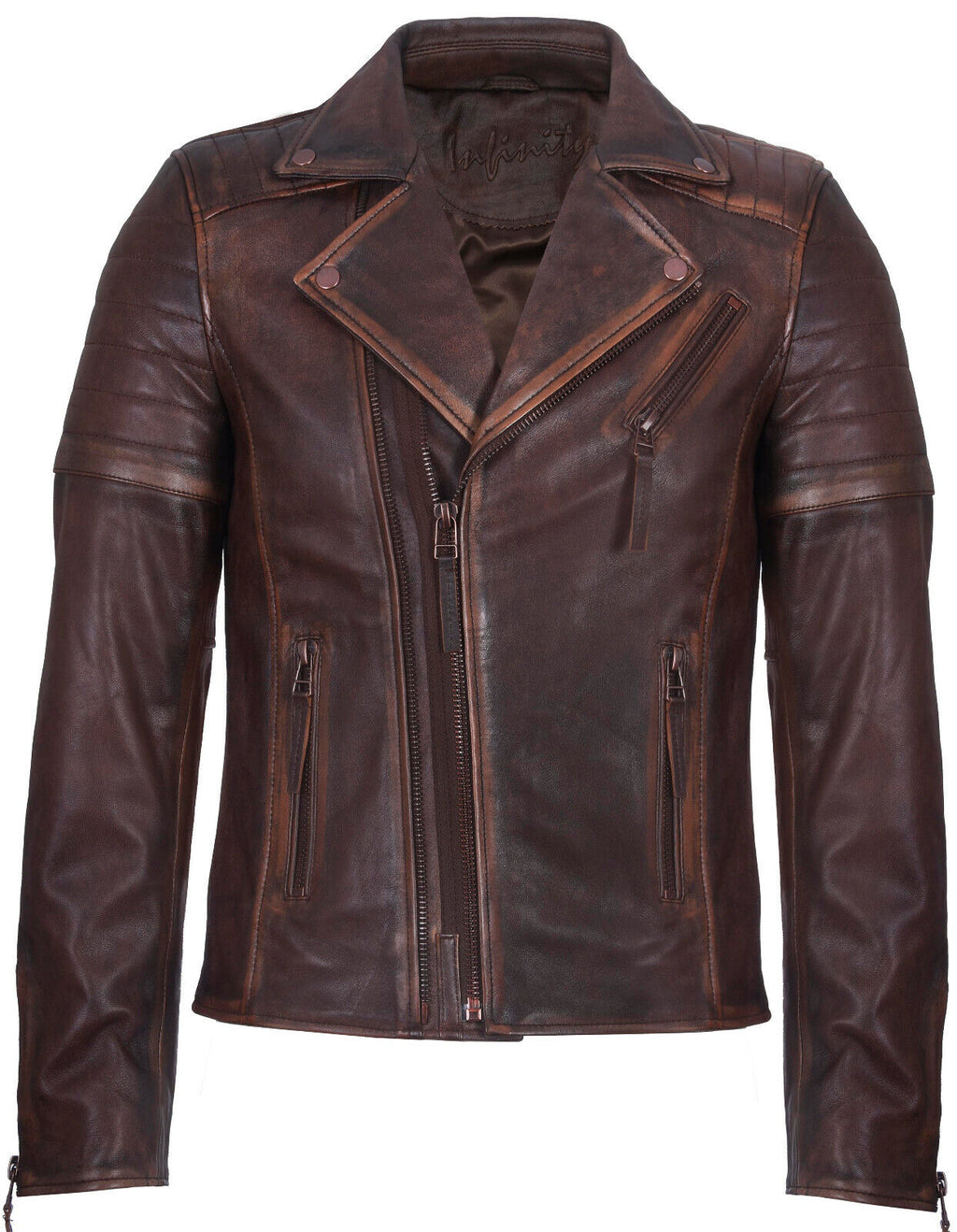 Mens Slim Fit Brando Style Cross Zip Leather Biker Jacket