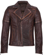 Mens Slim Fit Brando Style Cross Zip Leather Biker Jacket