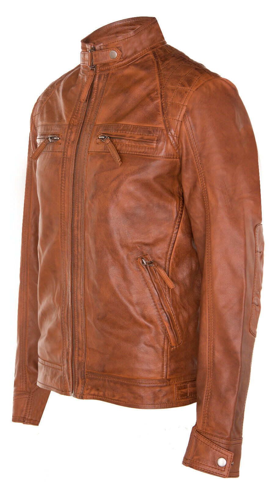 Men's Vintage Zipped Leather Racing Quilted Biker Jacket