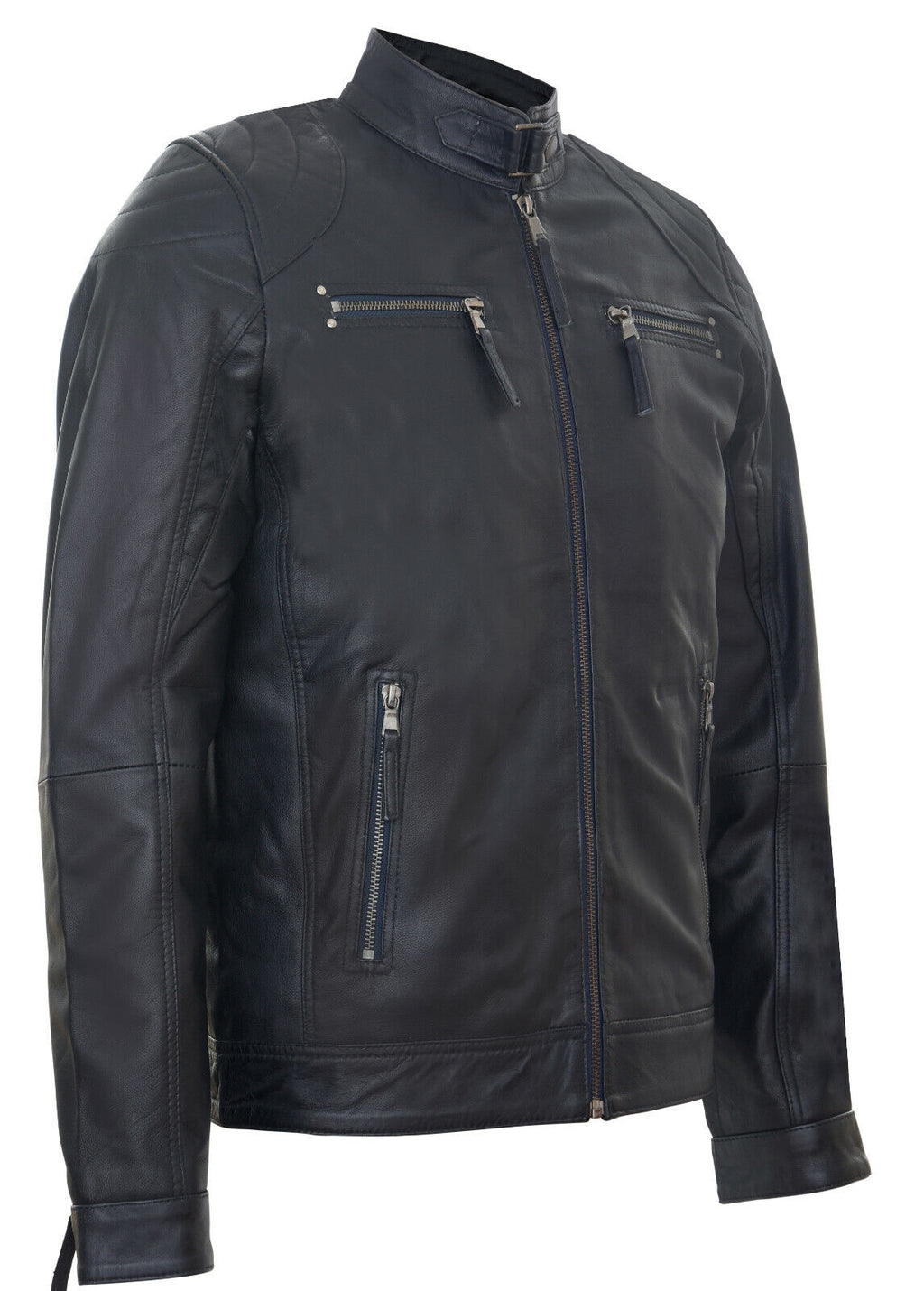 Mens Leather Biker Vintage Zipped Racing Jacket