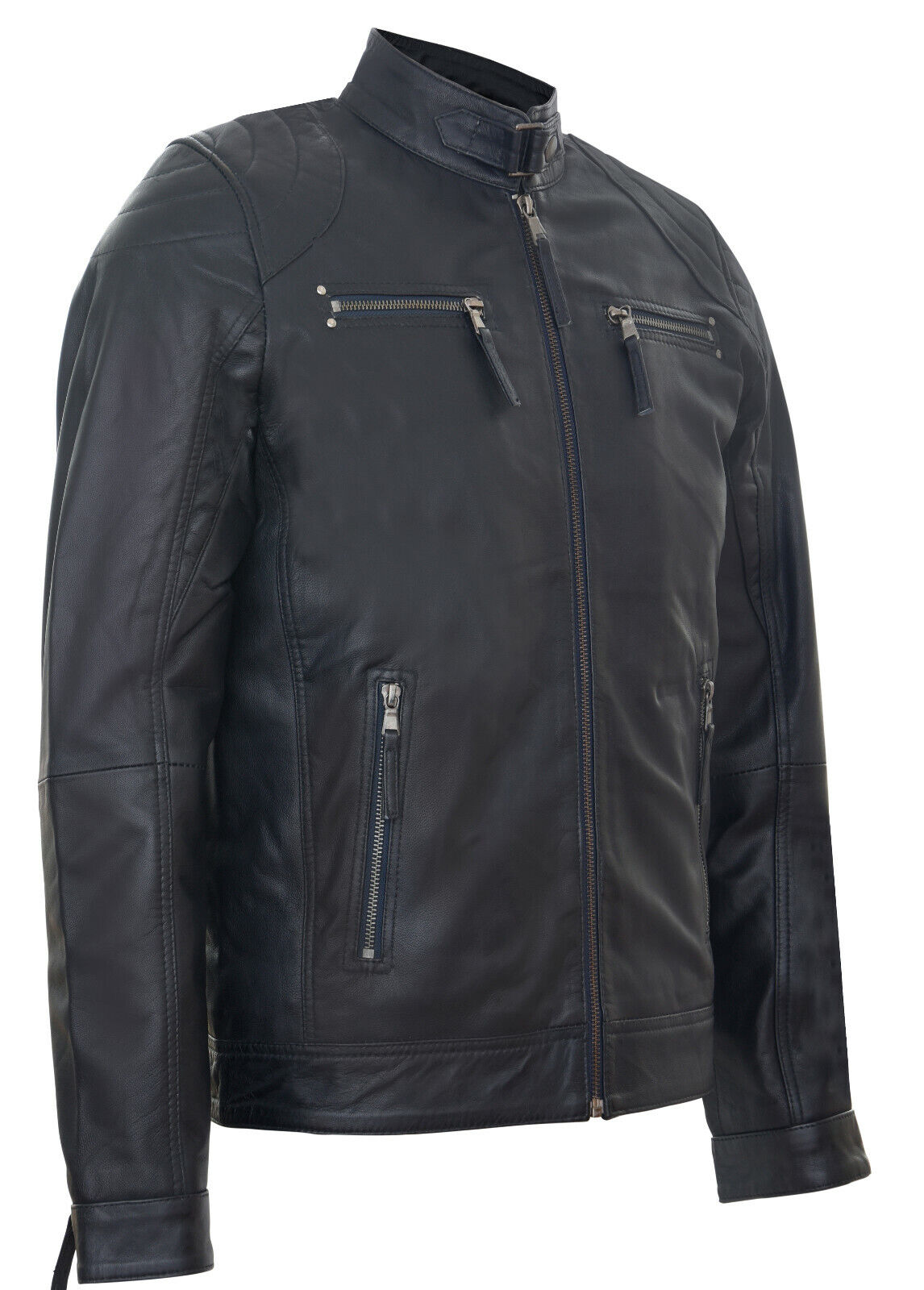 Mens Leather Biker Vintage Zipped Racing Jacket