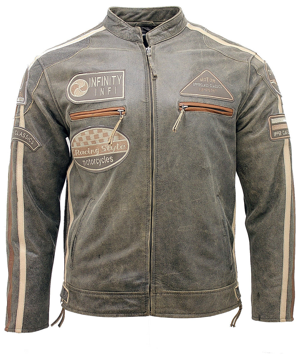 Mens Racing Moto Badges Biker Leather Jacket
