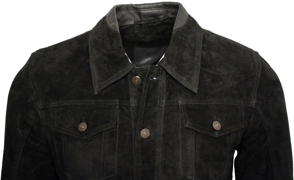 Mens Trucker Classic Suede Leather Shirt Jeans Jacket