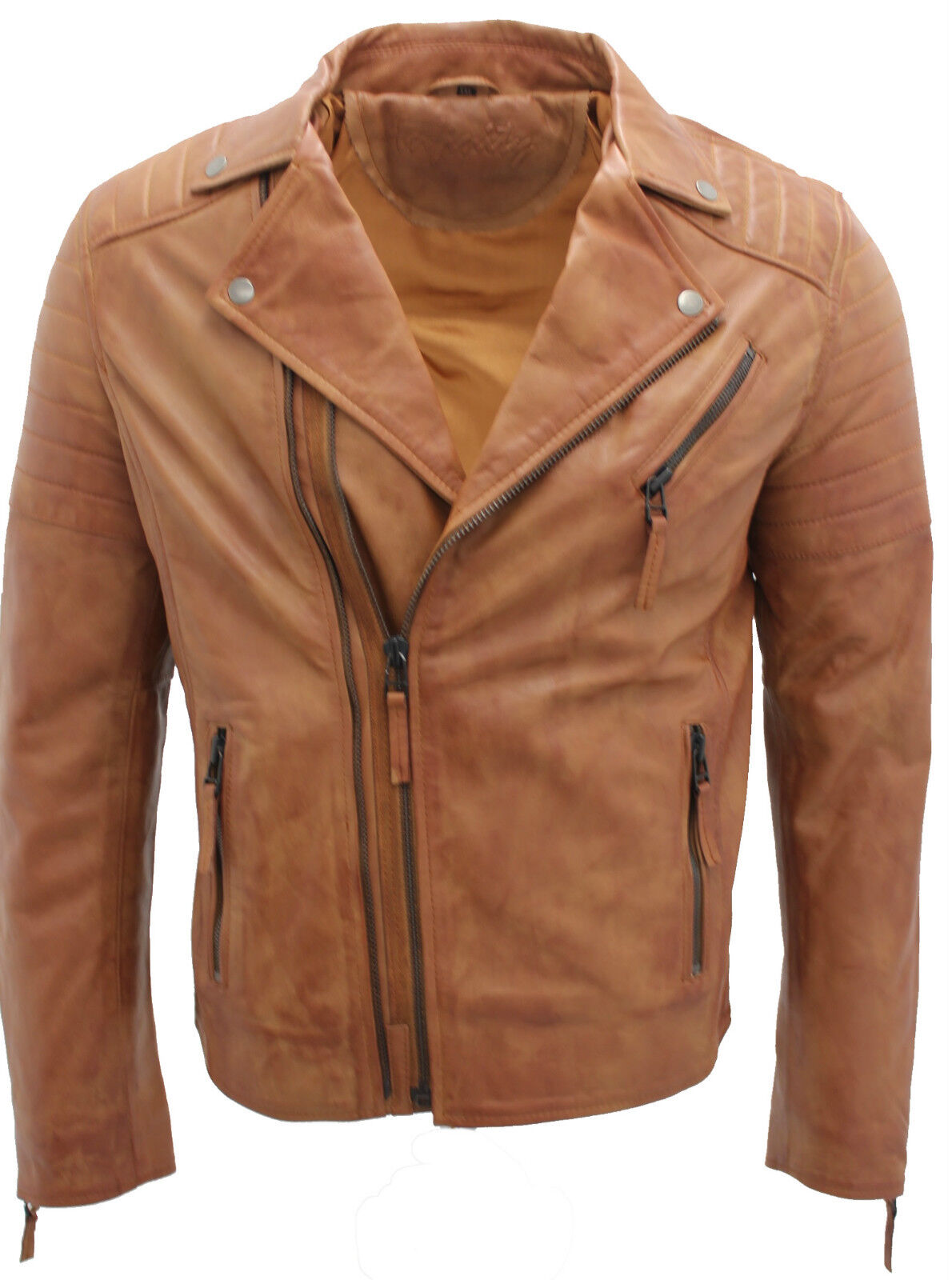 Mens Slim Fit Brando Style Cross Zip Leather Biker Jacket