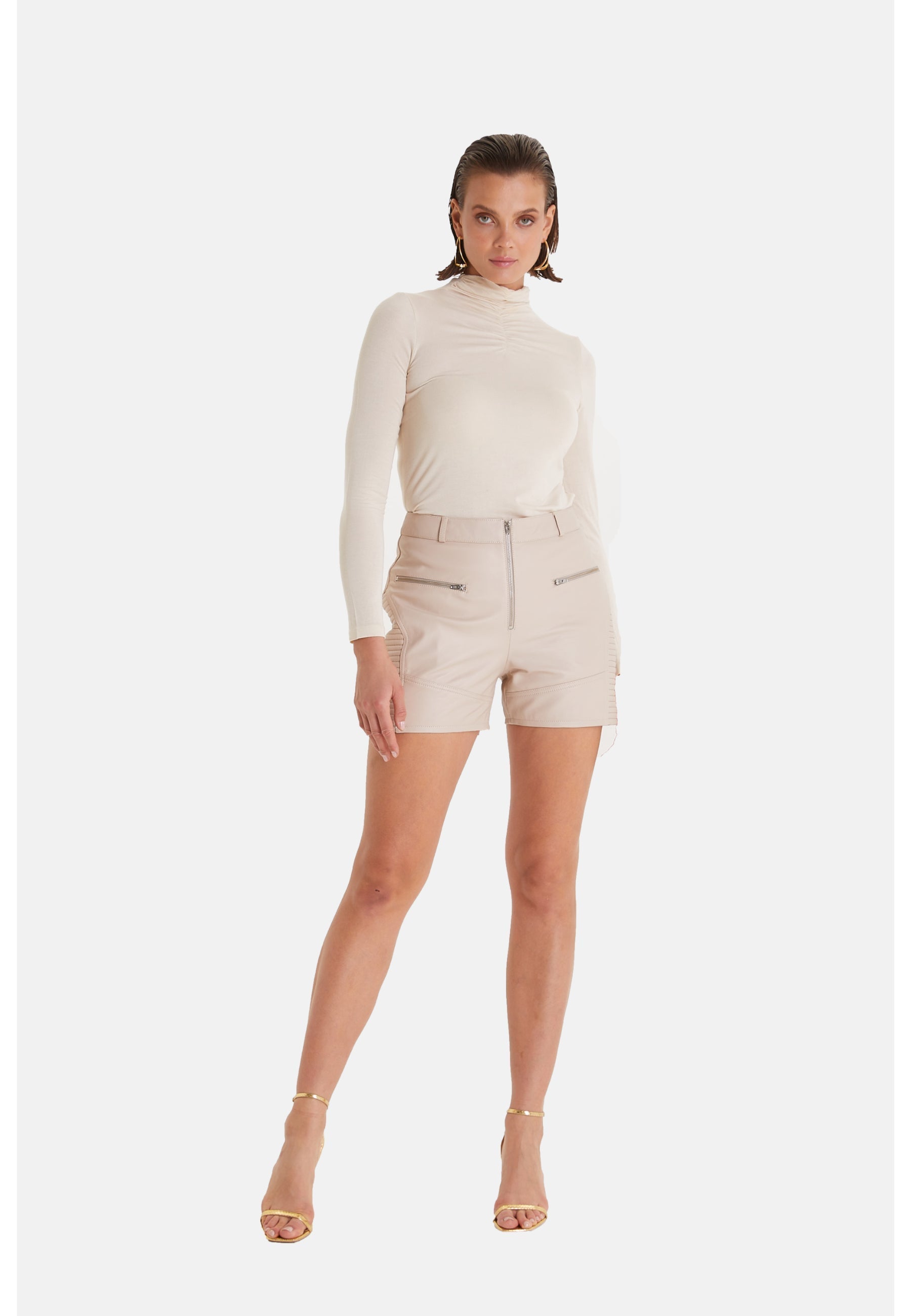 Women's Leather Fashion Short, Beige