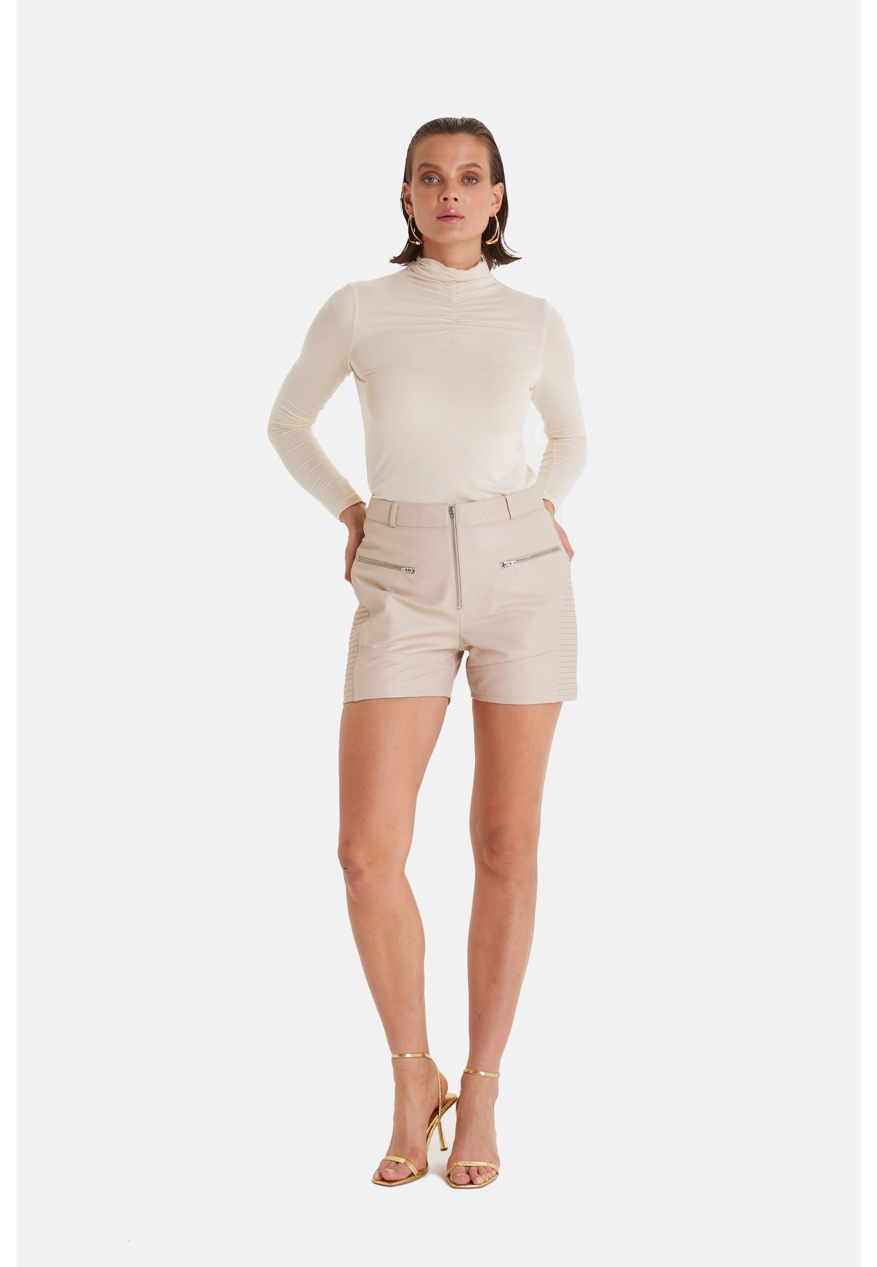 Women's Leather Fashion Short, Beige