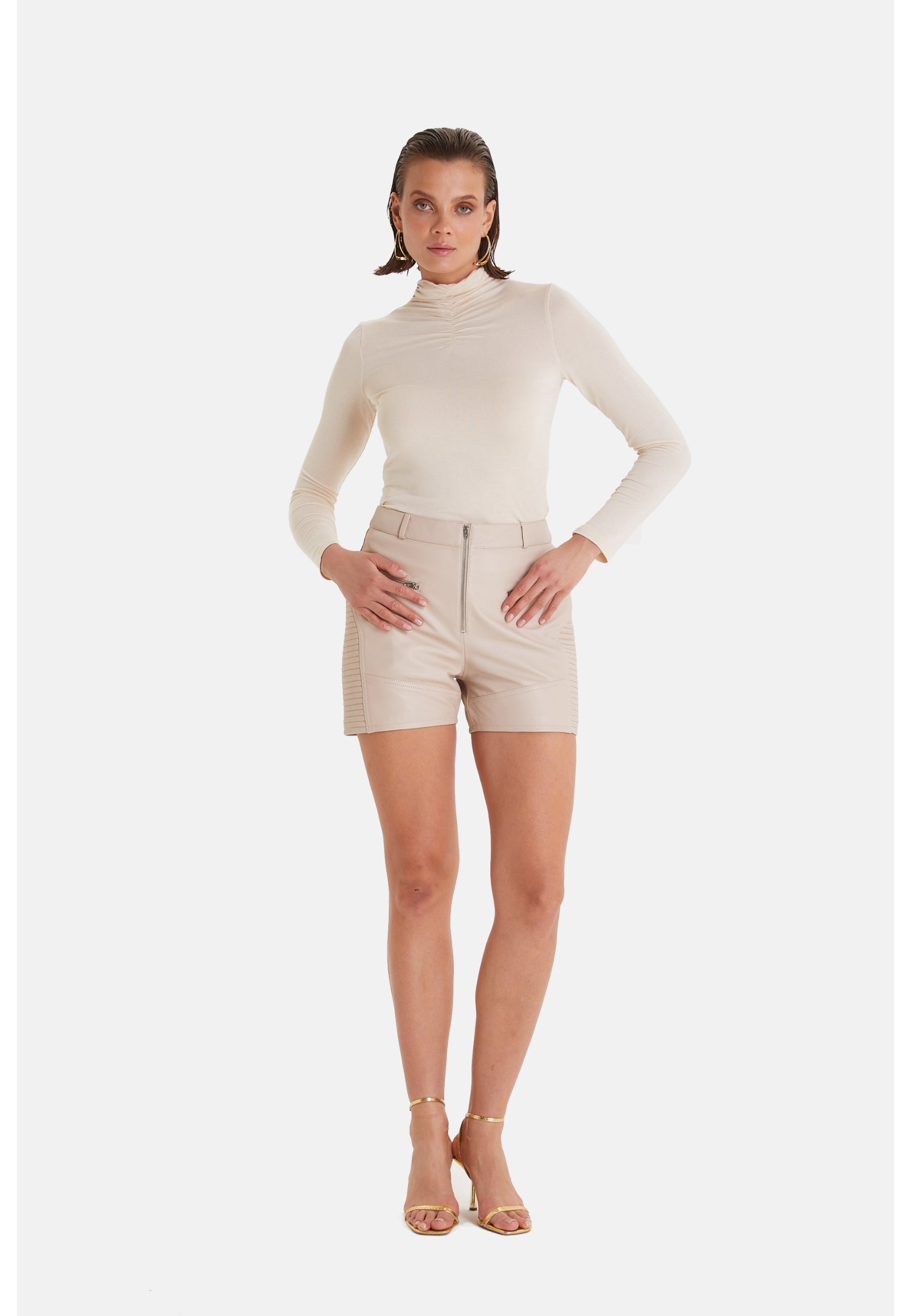 Women's Leather Fashion Short, Beige