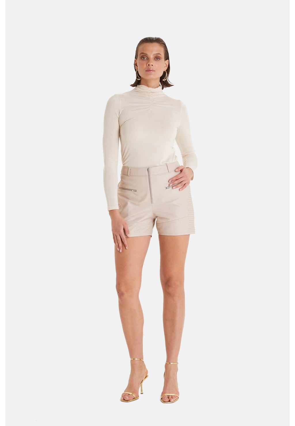 Women's Leather Fashion Short, Beige
