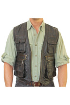 Men's Safari Rub Off Leather Vest-Hunting Style Vest Features Several Front Pockets With Some With Flaps