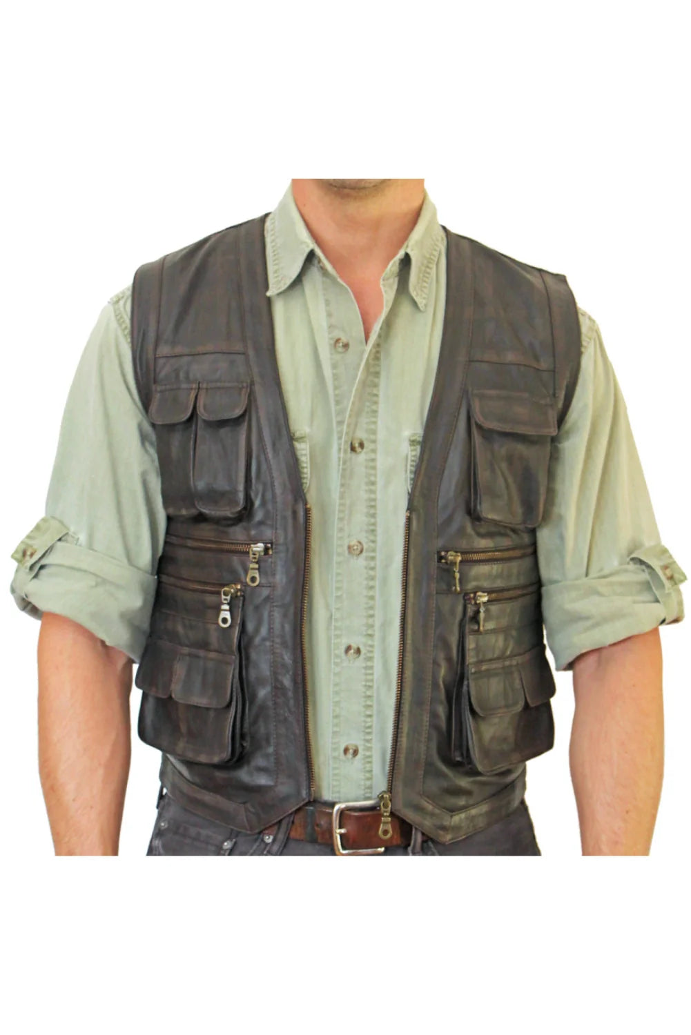 Men's Safari Rub Off Leather Vest-Hunting Style Vest Features Several Front Pockets With Some With Flaps