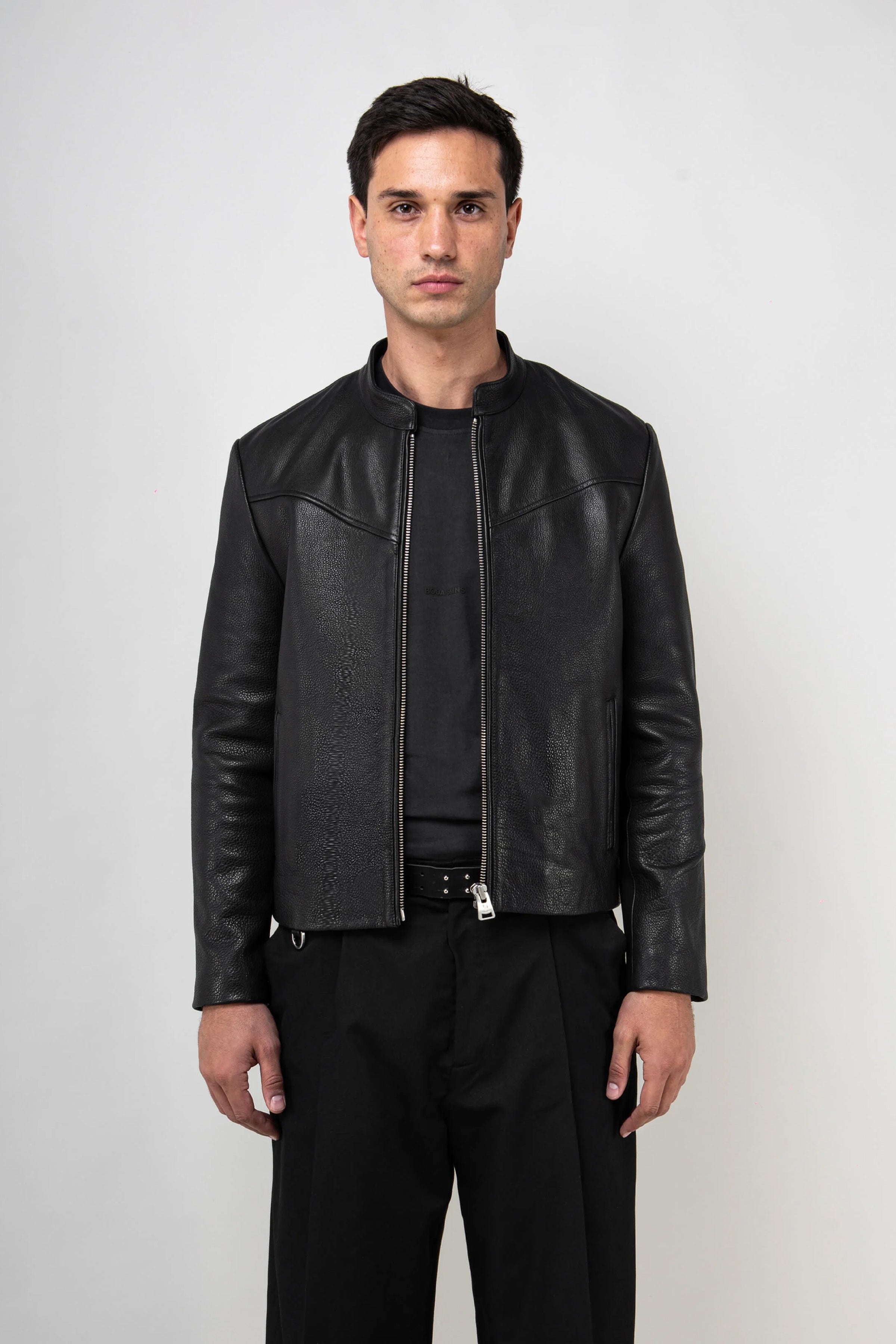 Refined Racer Collarless Leather Jacket