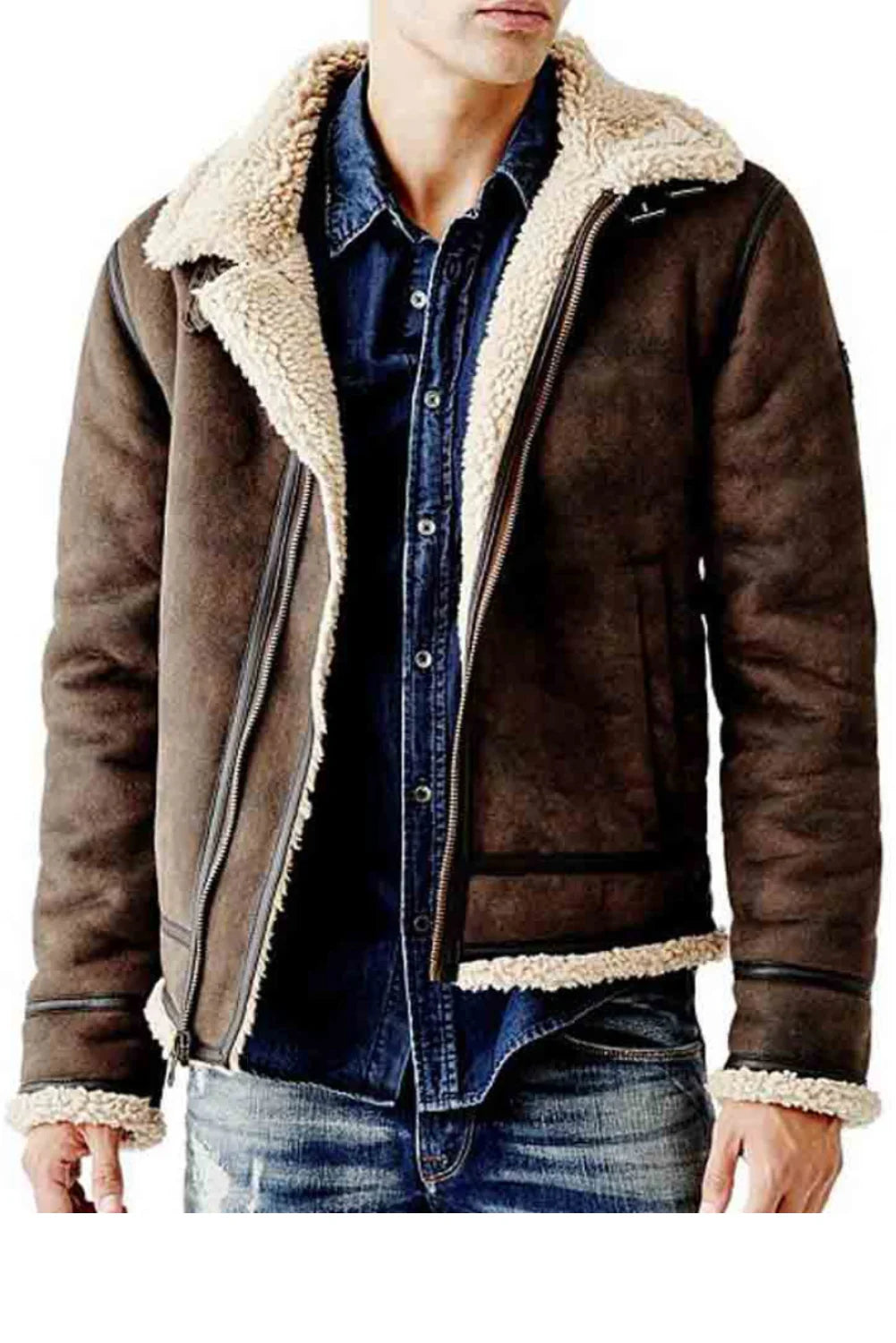 Mens Brown Shearling Flying Bomber Leather Jacket