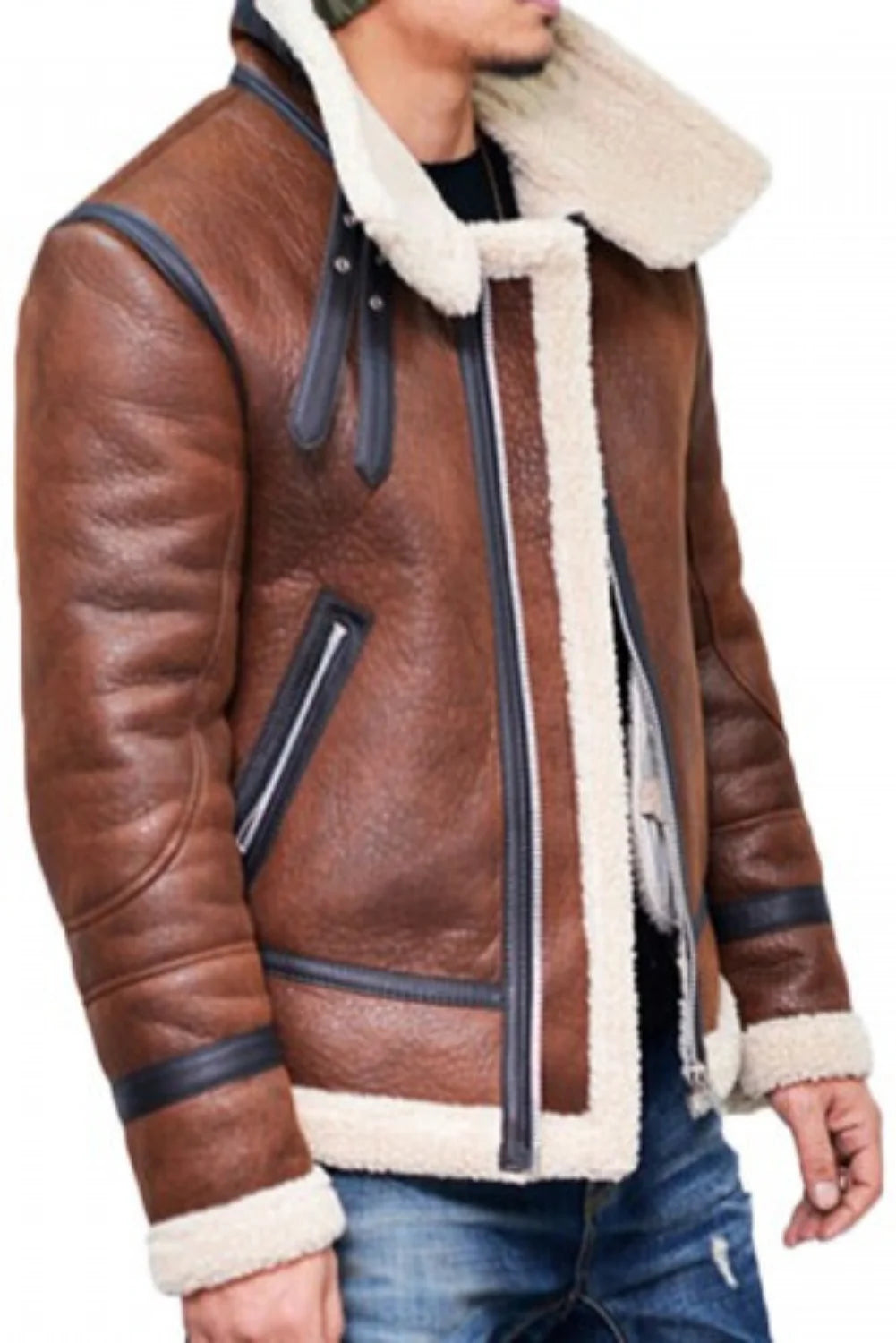 Francis B-3 Dark Brown & White Leather Bomber Jacket