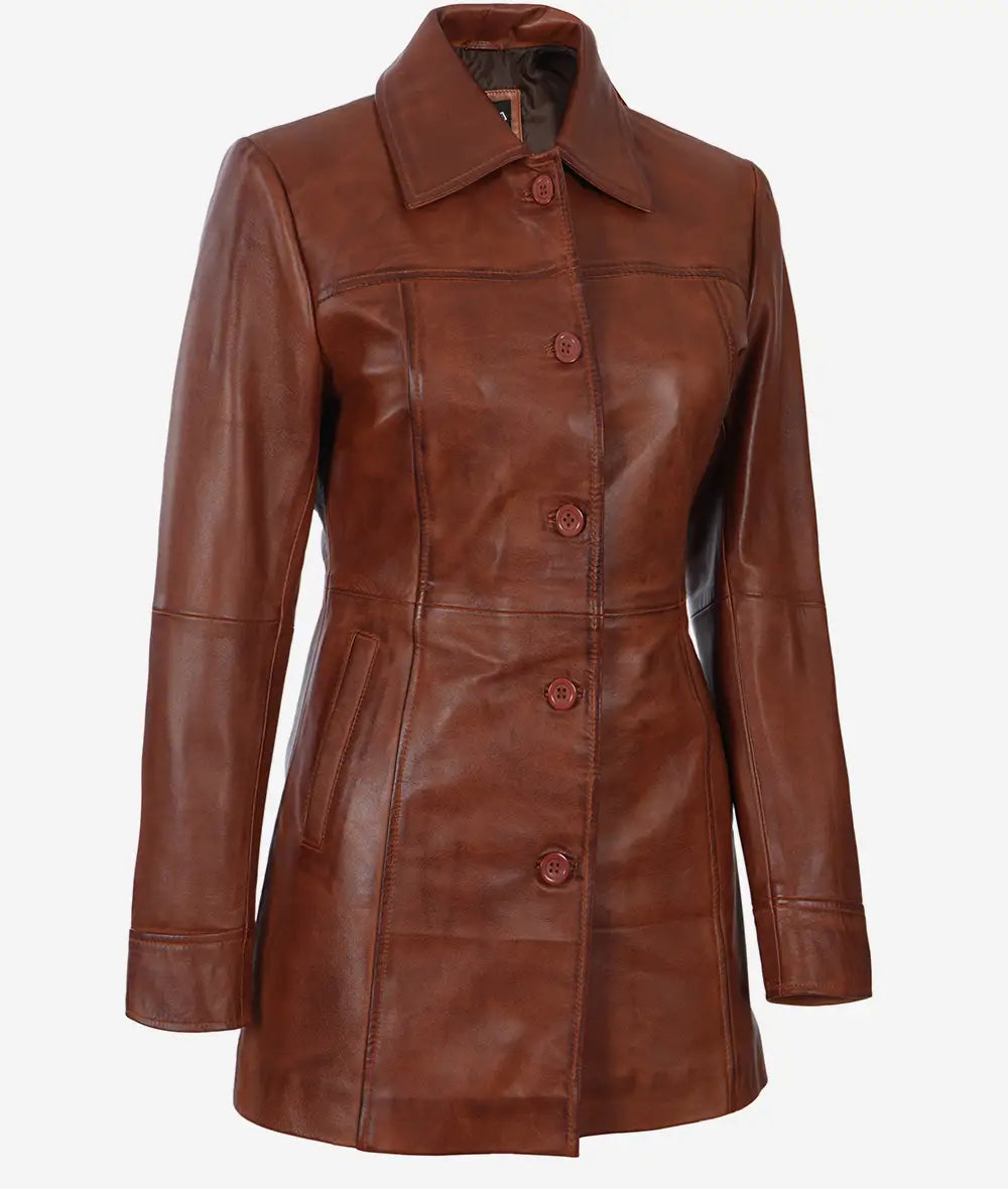 Womens Petite Cognac Brown Leather 3/4 Length Coat