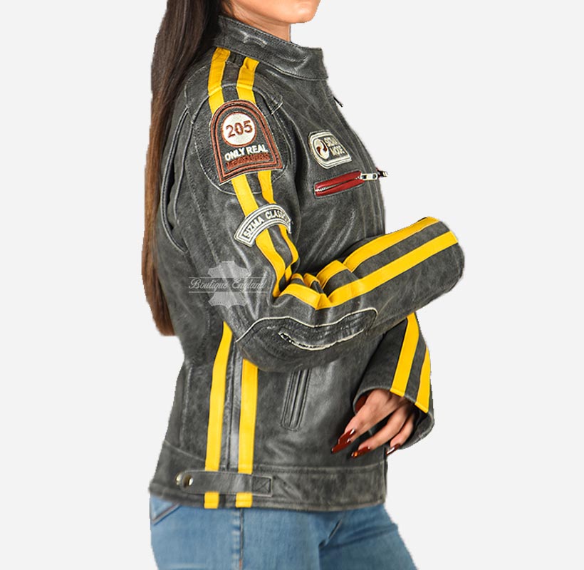SIZMA Women's Leather Biker Jacket Vintage Grey