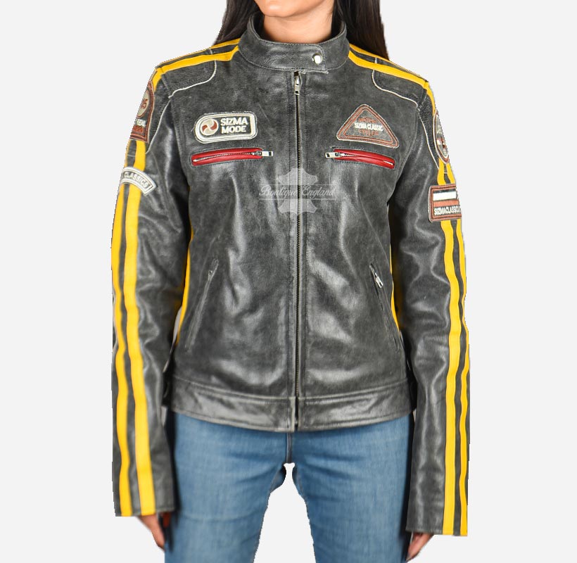 SIZMA Women's Leather Biker Jacket Vintage Grey