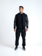 Leather Varsity Bomber Jacket - Black
