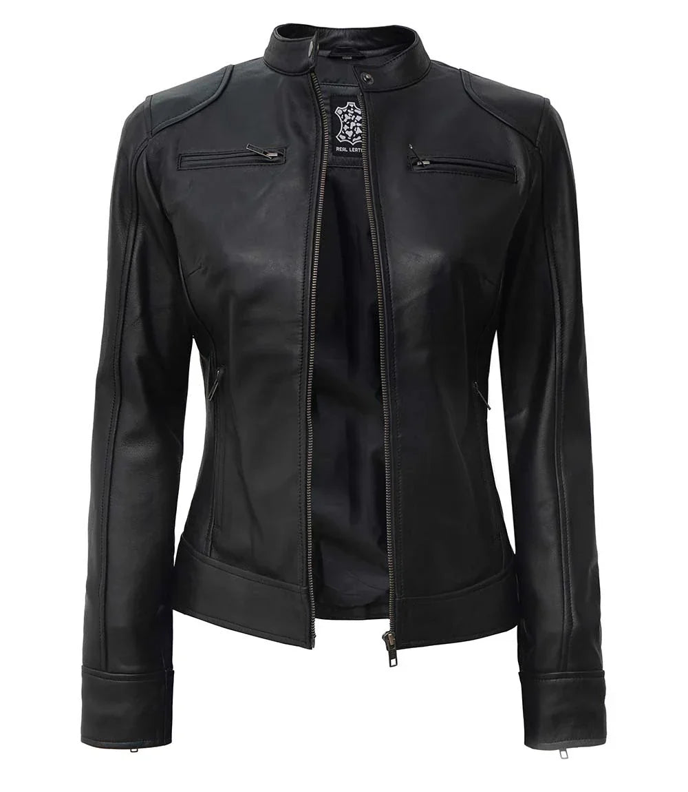 Dodge Women's Tall Black Leather Biker Style Jacket