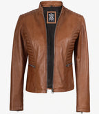 Women's Petite Tan Brown Wax Cafe Racer Leather Jacket
