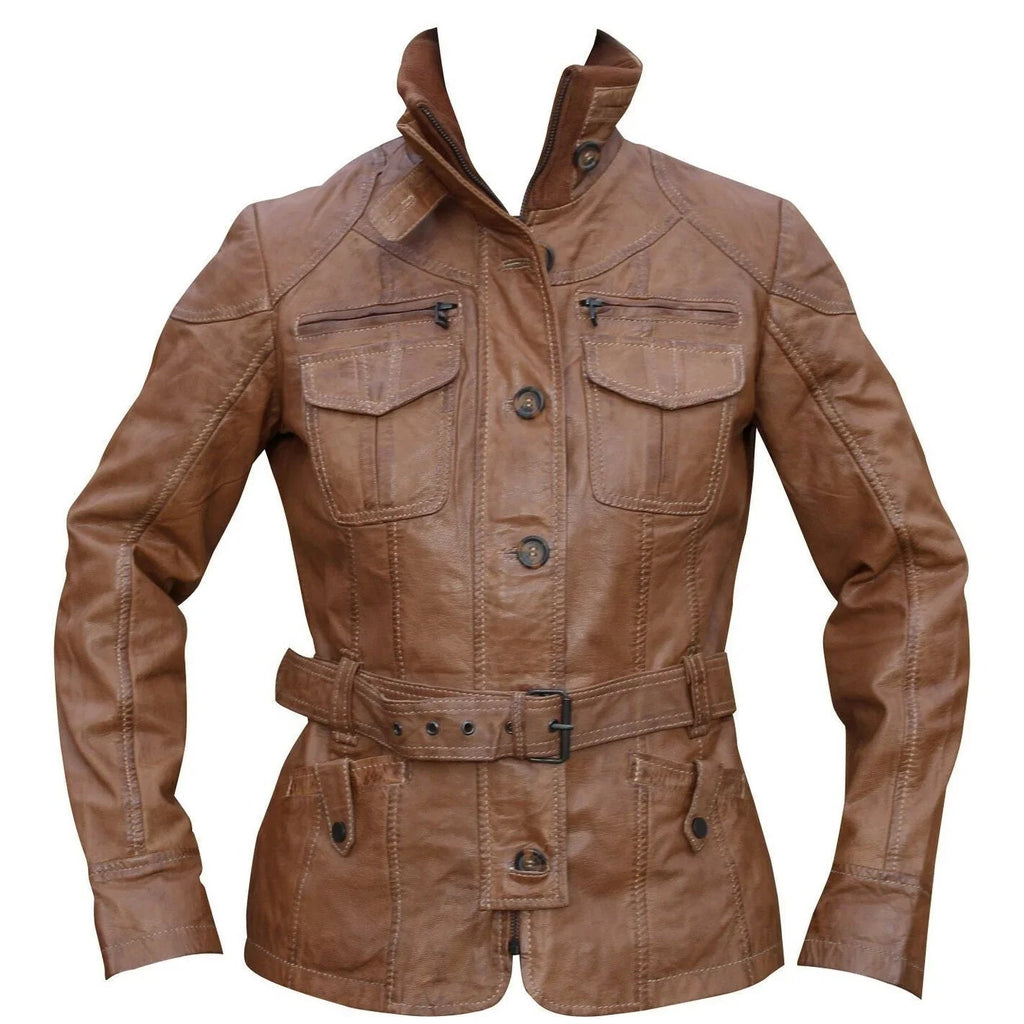 Tan Ladies Vintage Fashion Leather Jacket Women