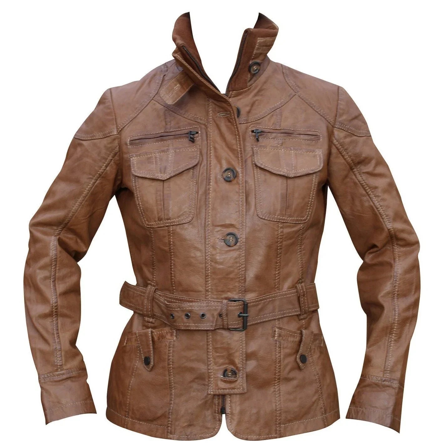 Tan Ladies Vintage Fashion Leather Jacket Women