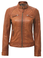 Women's Cafe Racer Style Tan Brown Leather Jacket