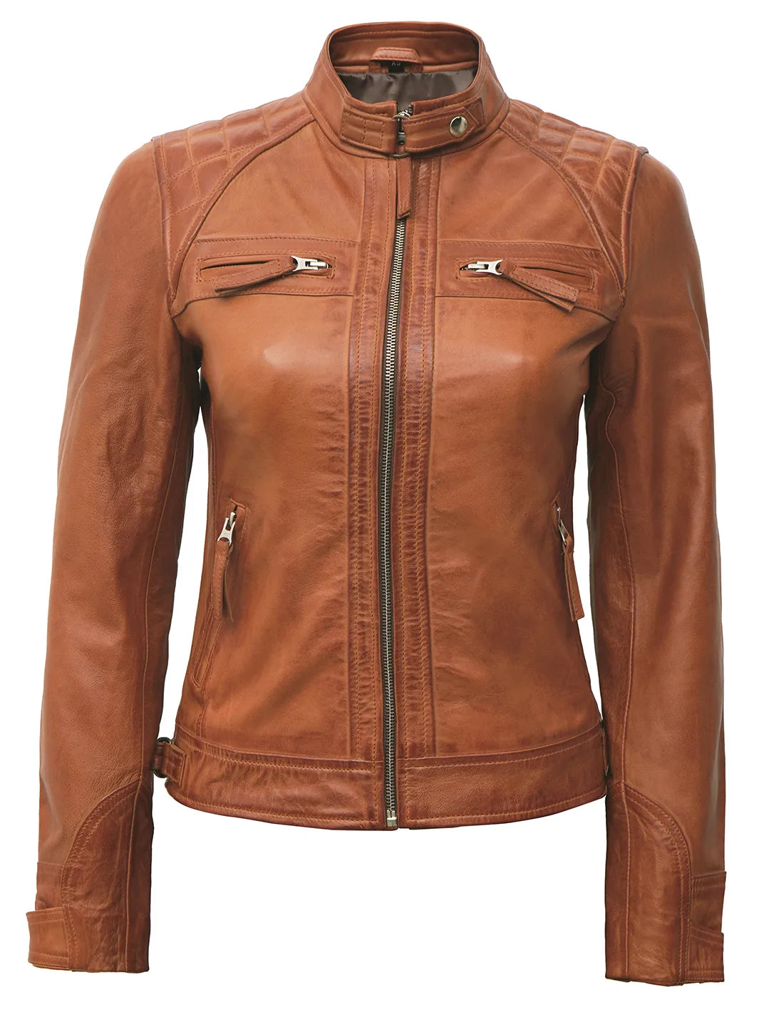 Women's Cafe Racer Style Tan Brown Leather Jacket