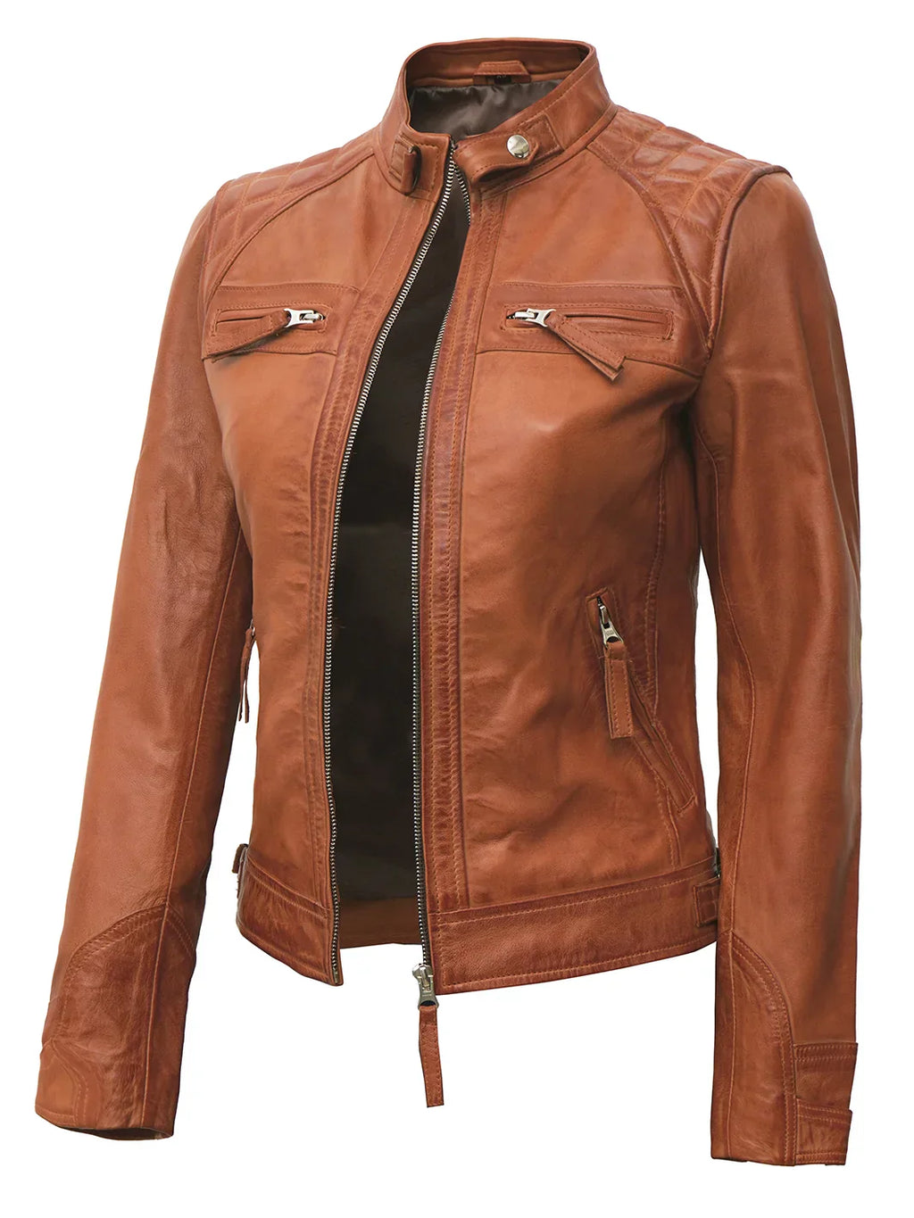 Women's Cafe Racer Style Tan Brown Leather Jacket